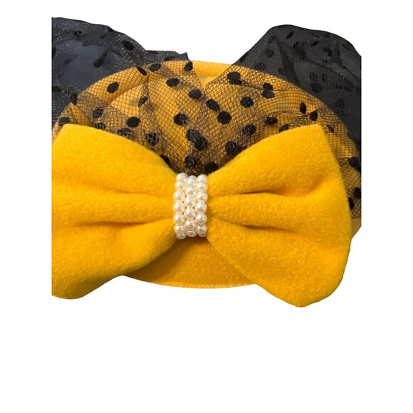 Yellow Fascinator Hat Black Polka Dot Mesh Pearl Accent Bow Clip For Women - Picture 2 of 4